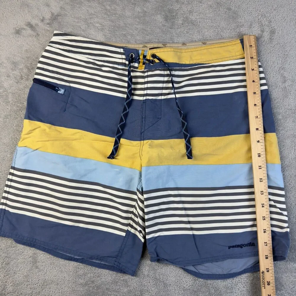 Patagonia Swim Trunks Mens 34 Yellow Blue Wavefarer Board Shorts Striped Outdoor